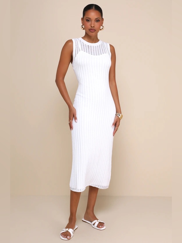 Lulu's White Sleeveless Ribbed Knit Midi Dress